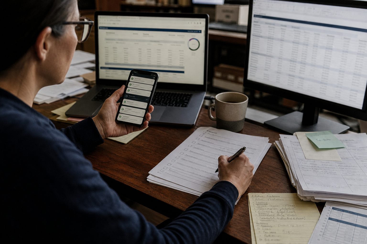 An operations professional working across a phone, laptop, monitor, and paper checklist.