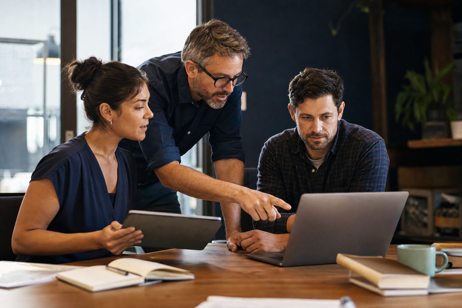 A consultant and small-business team testing an internal application together.